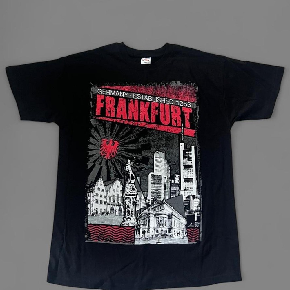 Smile Frankfurt Germany Skyline Graphic T-Shirt Mens Medium Black Red SM15